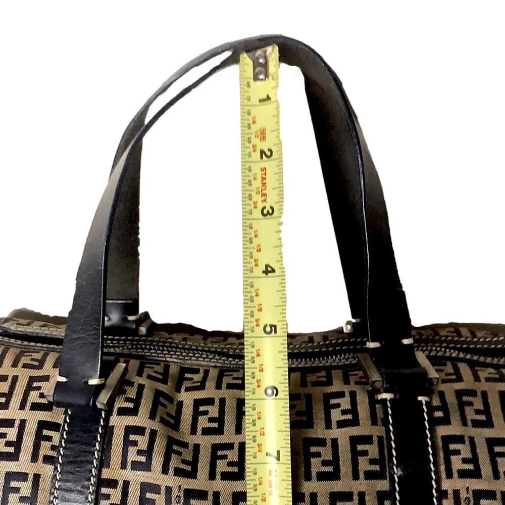 FENDI Zucca Navy Blue Leather and Tan Canvas Boston Duffle Bag Speedy 30